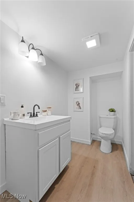 Bathroom with light wood-style flooring and vanity
