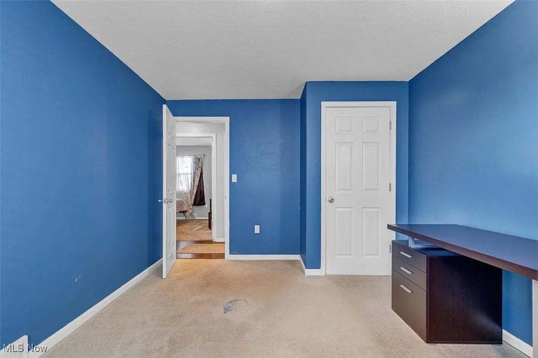 Unfurnished office featuring light colored carpet and a textured ceiling