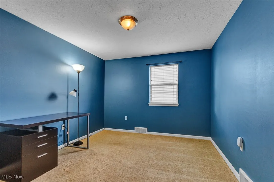 Unfurnished office featuring light carpet and a textured ceiling