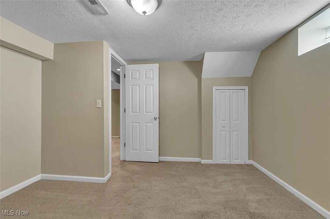 Bonus room with light colored carpet and a textured ceiling