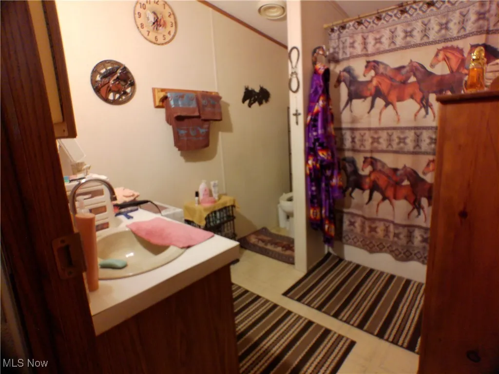 Full bath with vanity and curtained shower