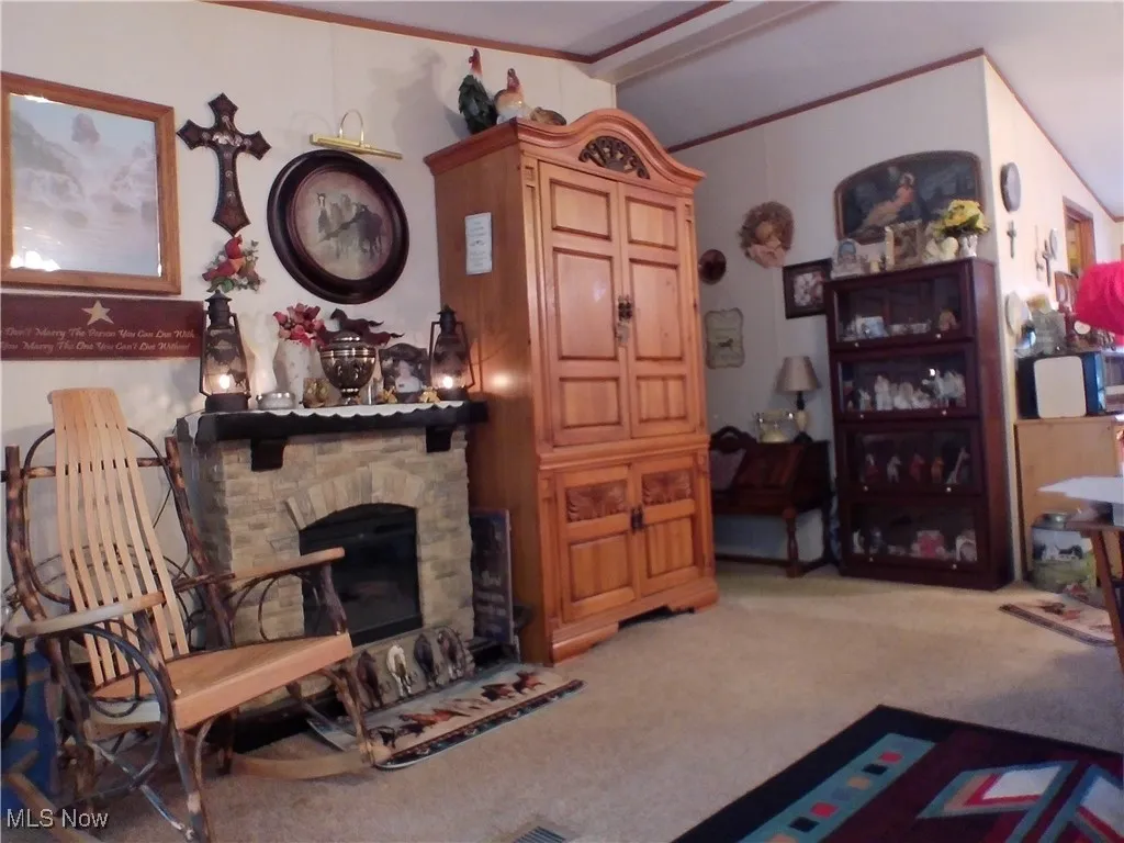 Living area featuring a stone fireplace, light colored carpet, and ornamental molding