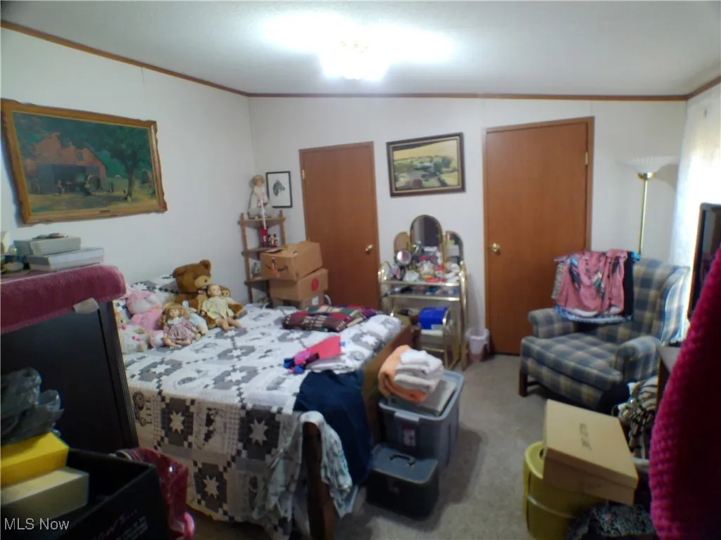 Bedroom with crown molding, carpet flooring, and lofted ceiling