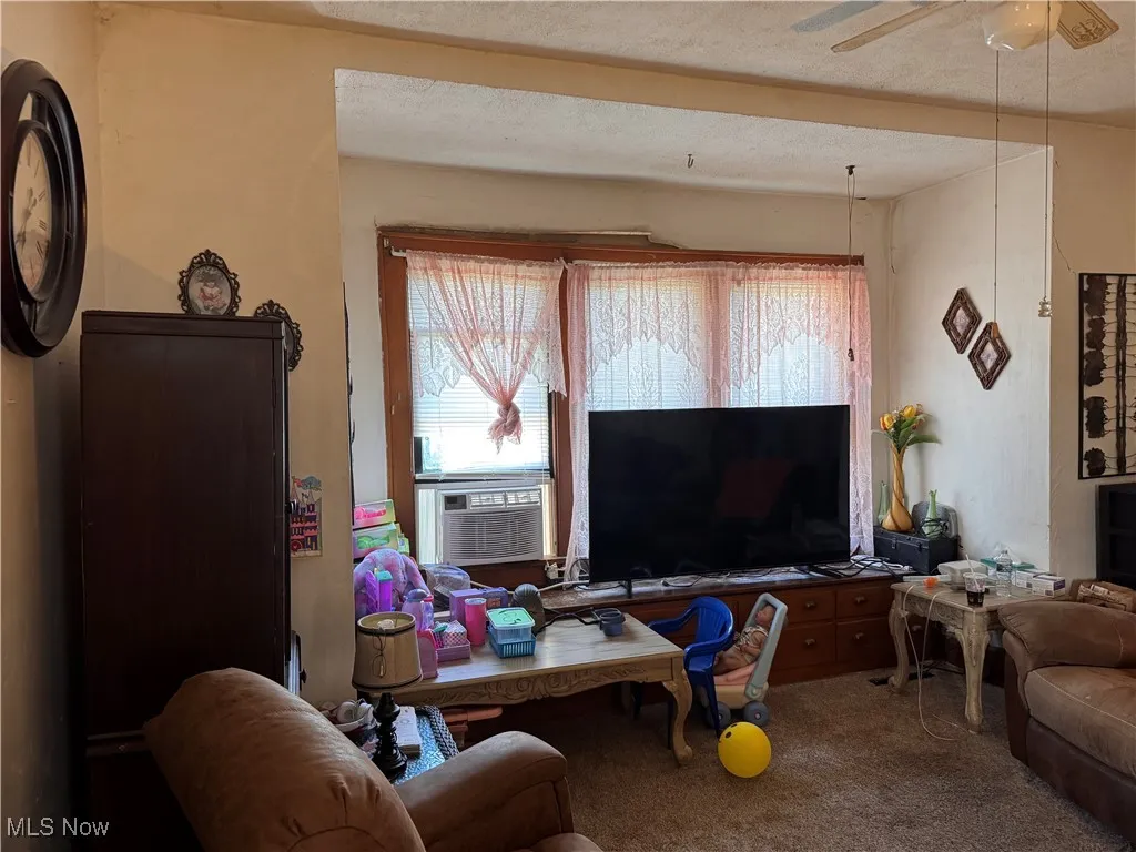 Carpeted living room with a ceiling fan and a textured ceiling