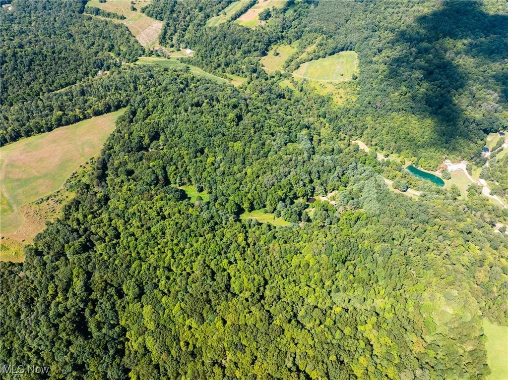 Aerial view of property's location featuring a heavily wooded area