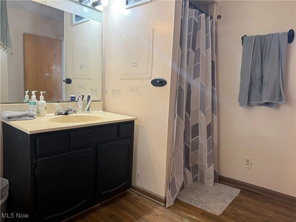 Bathroom with vanity, dark wood-style flooring, and a stall shower
