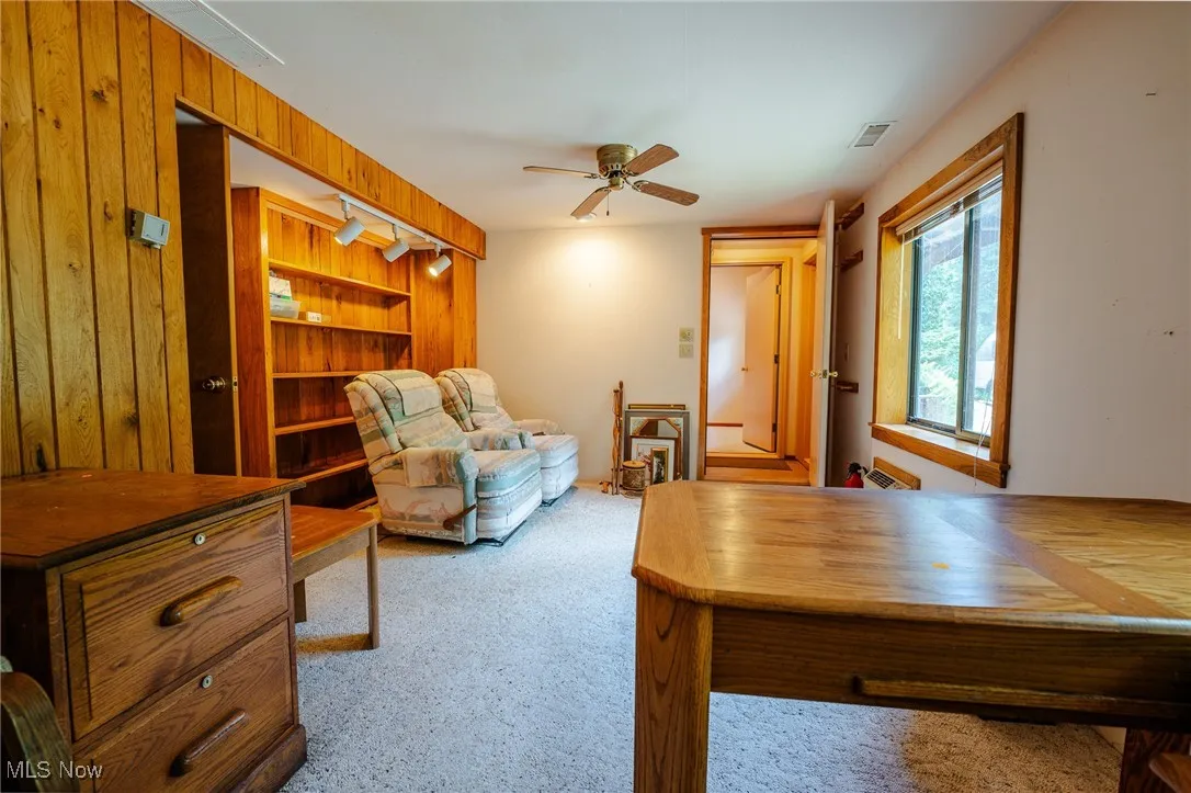 Living area featuring wooden walls, light carpet, and ceiling fan