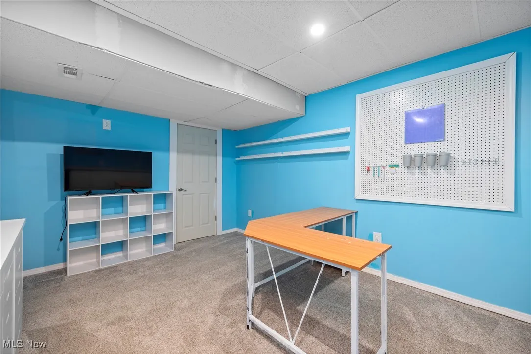 Lower level bonus rm with a paneled ceiling and light colored carpet