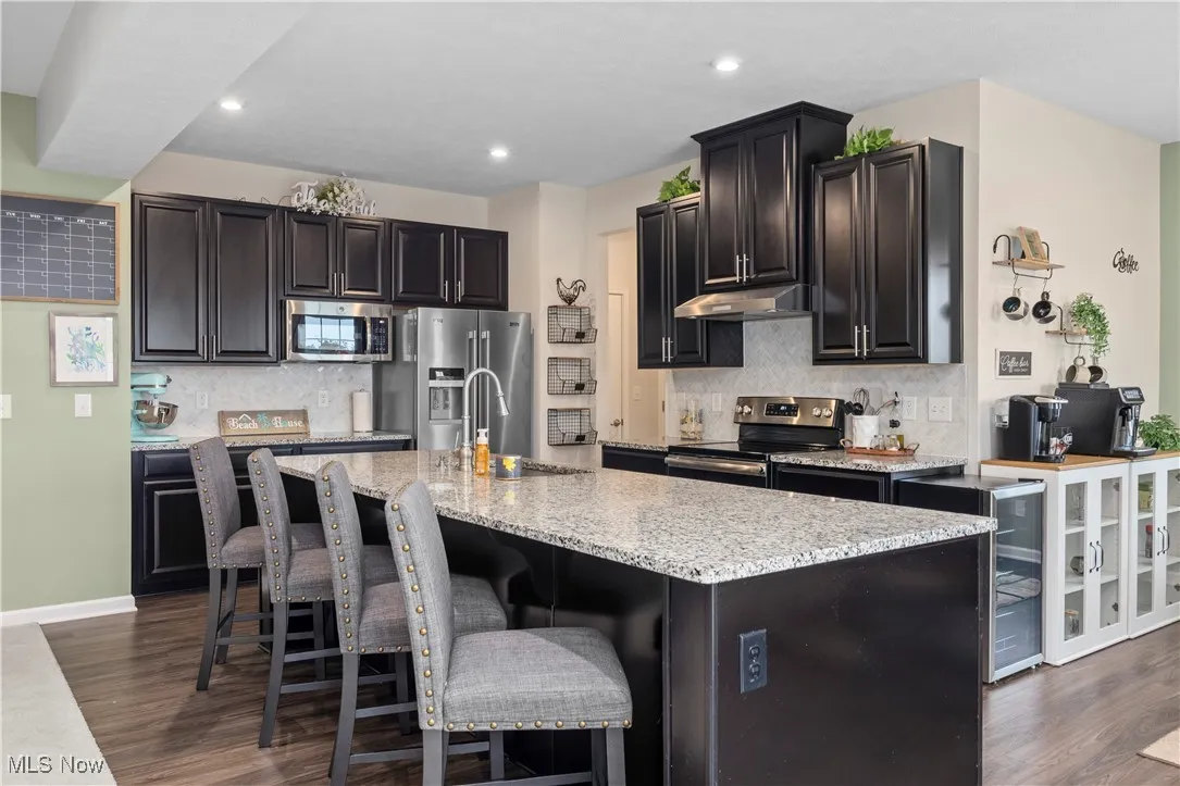 Kitchen featuring appliances with stainless steel finishes, decorative backsplash, dark wood-type flooring, an island with sink, and recessed lighting
