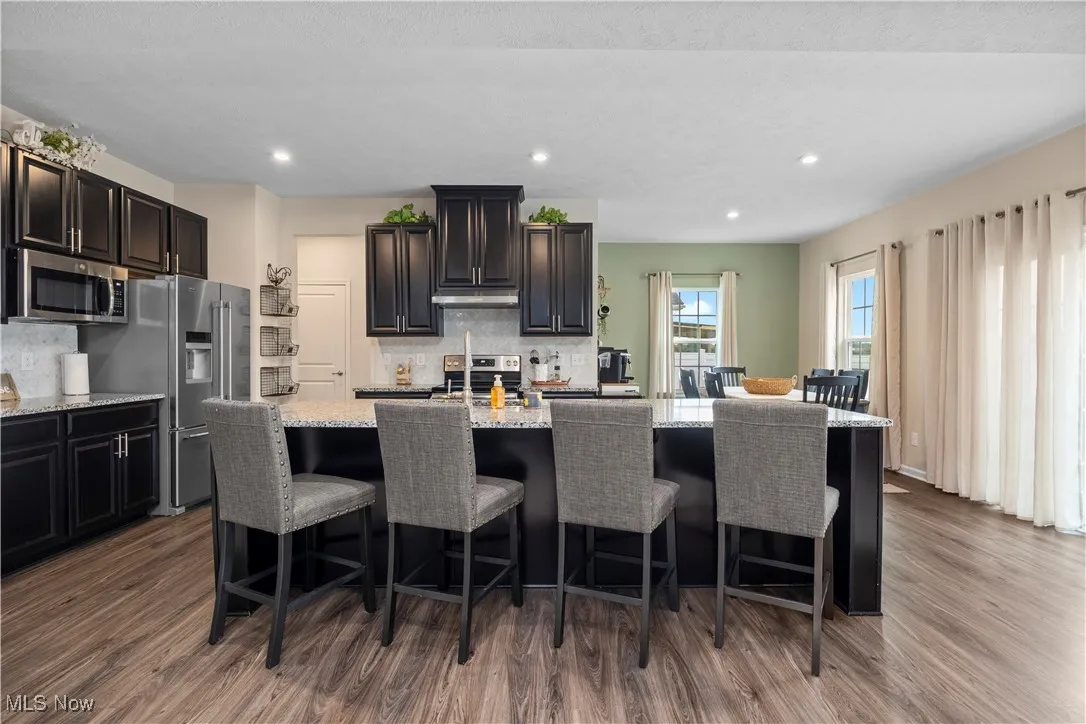 Kitchen featuring decorative backsplash, light stone countertops, dark wood-type flooring, an island with sink, and stainless steel appliances