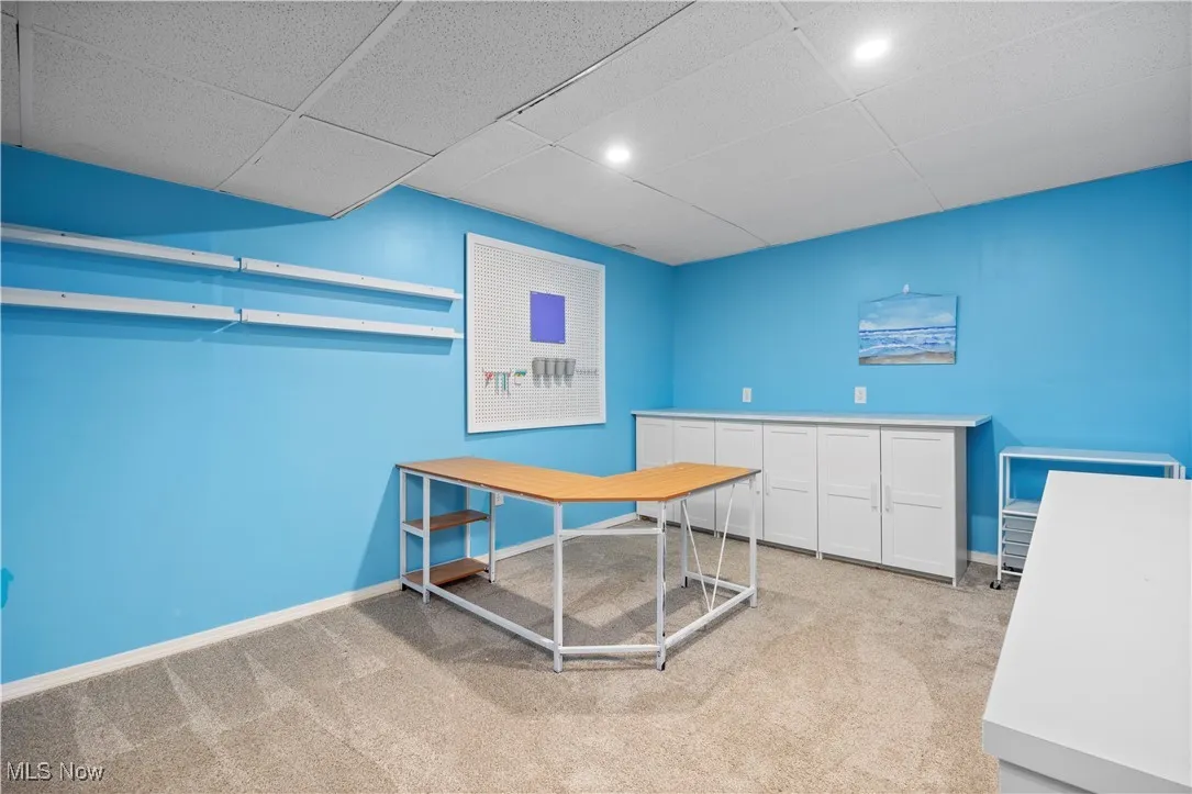Lower level bonus rm featuring light colored carpet and a drop ceiling