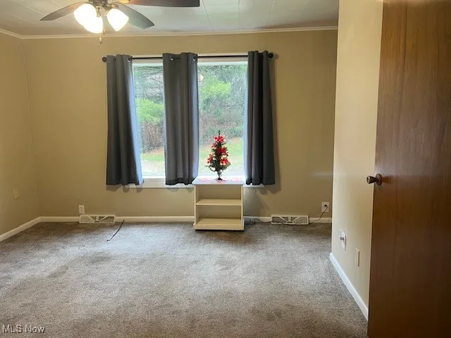 Empty room with carpet floors, crown molding, and a ceiling fan
