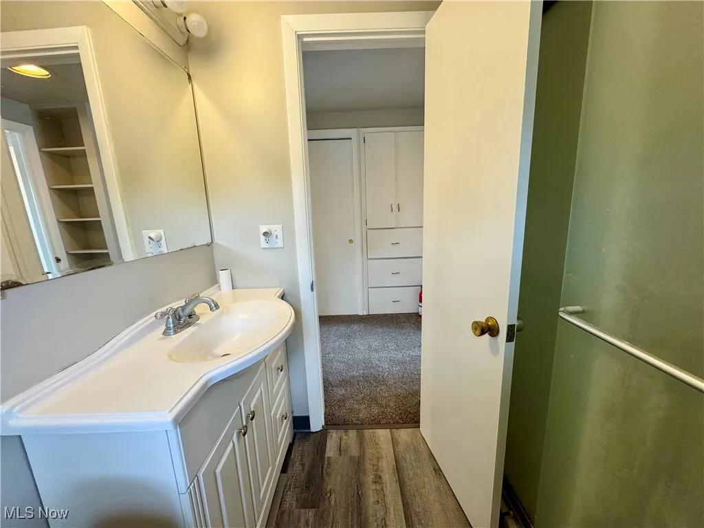 Bathroom with dark wood finished floors and vanity