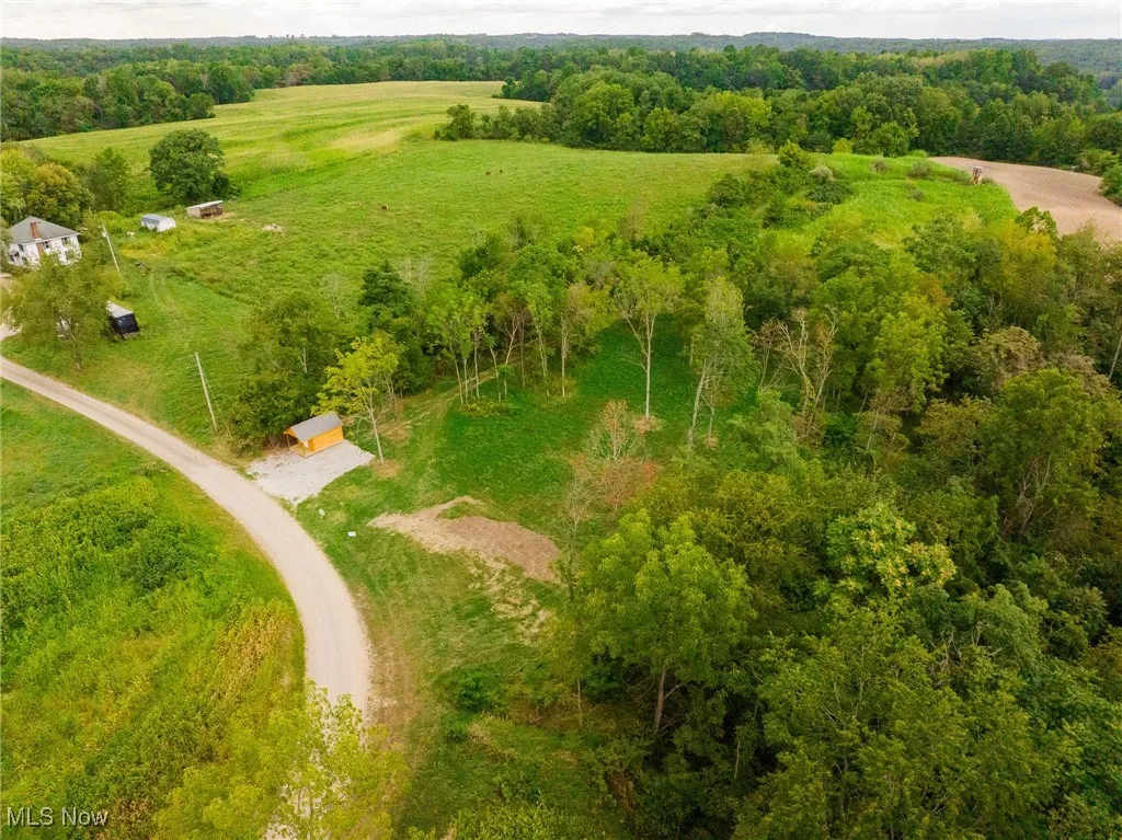 Aerial view of a heavily wooded area