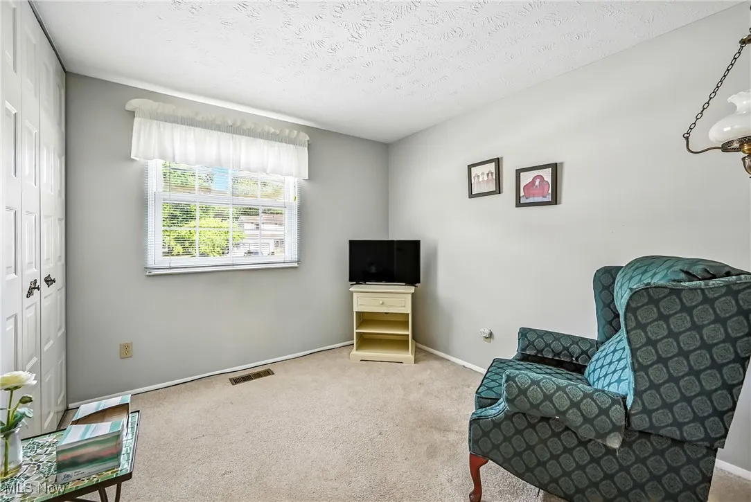 Living area with carpet flooring and a textured ceiling
