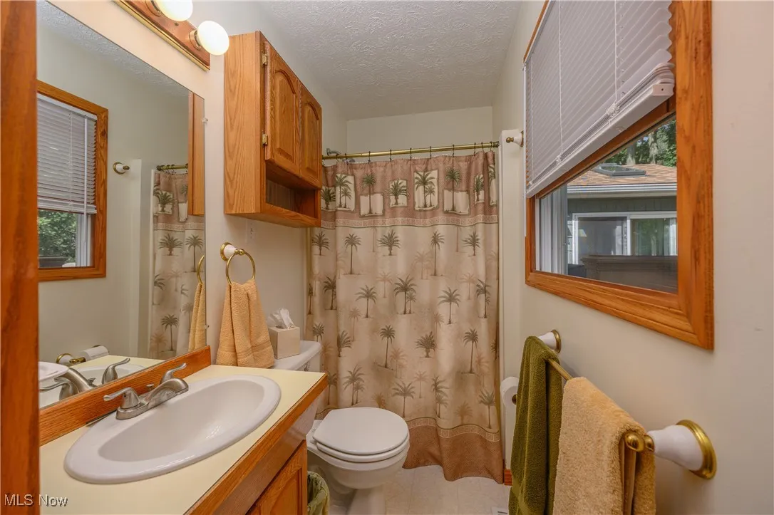 Bathroom featuring vanity, a textured ceiling, and a shower with curtain