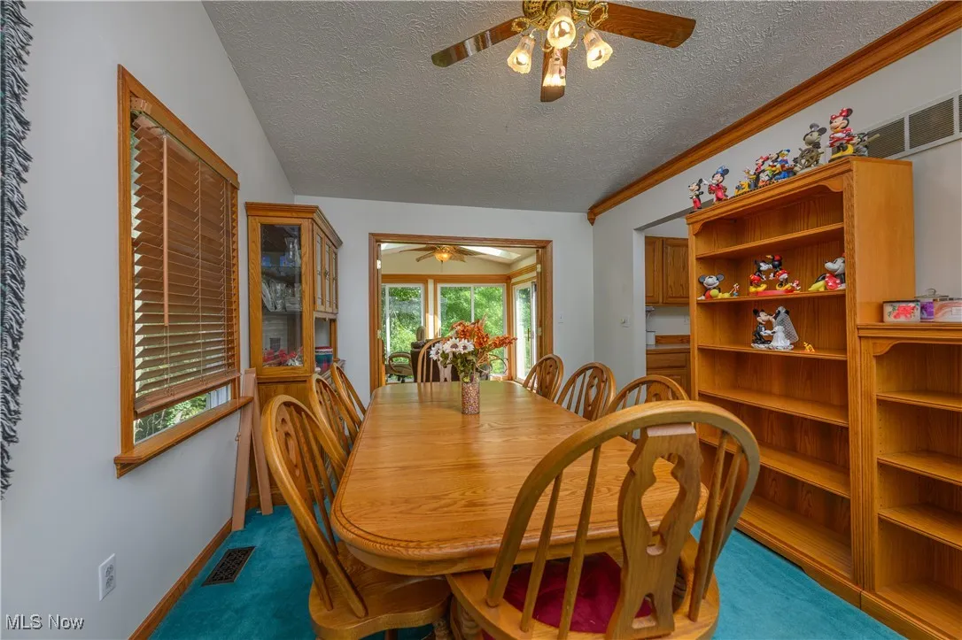 Dining space featuring a ceiling fan, a textured ceiling, and carpet floors