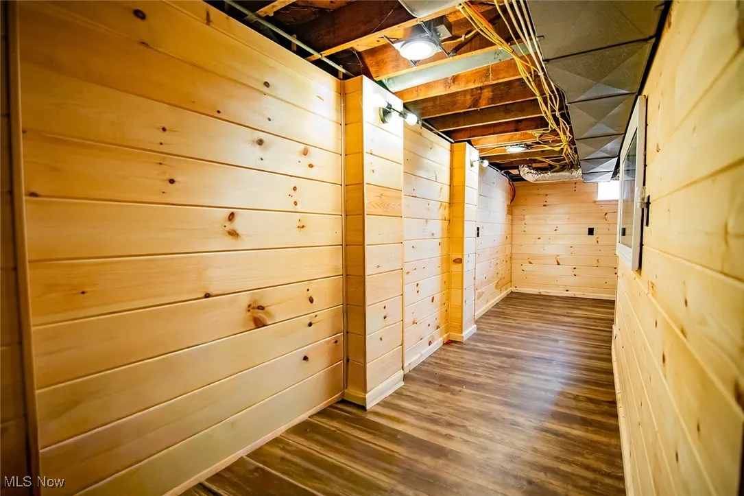 Unfinished basement featuring wooden walls and dark wood-type flooring