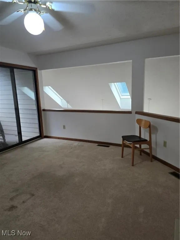 2nd Floor Loft area with a skylight, carpet floors, and a ceiling fan and looking over Family Room area