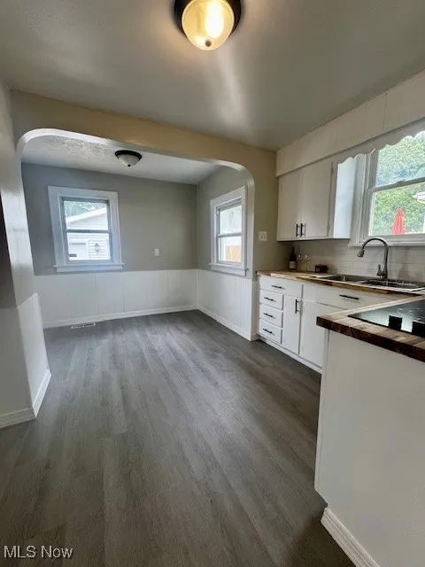 Kitchen with arched walkways, a sink, white cabinetry, dark wood-style floors, and a wainscoted wall