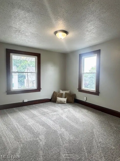 Carpeted empty room featuring healthy amount of natural light, baseboards, and a textured ceiling