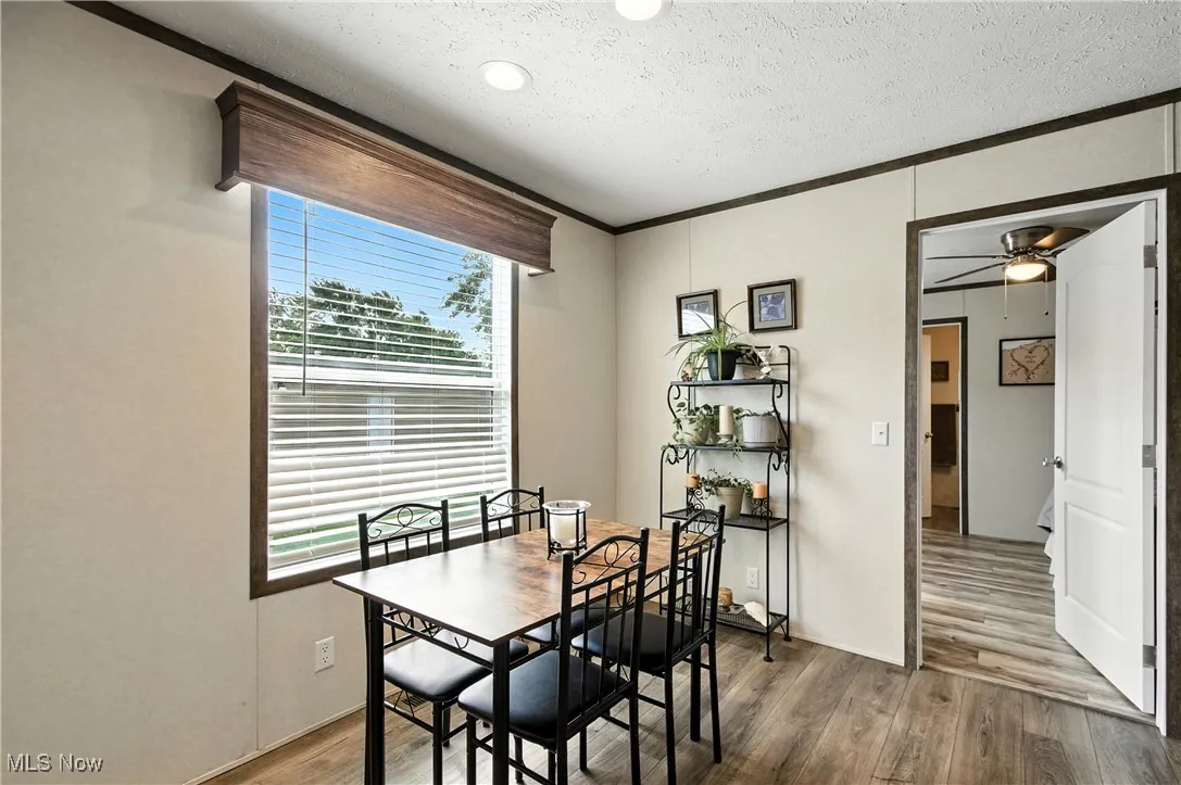 Dining space featuring light wood-style flooring, ornamental molding, a textured ceiling, and ceiling fan
