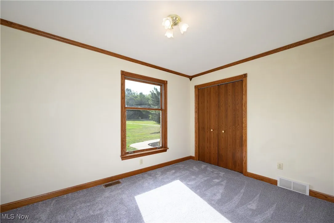 Unfurnished bedroom with ornamental molding, a closet, and carpet flooring