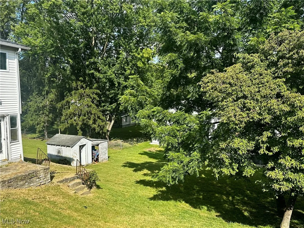 View of side and backyard showing the storage shed/outbuildings.