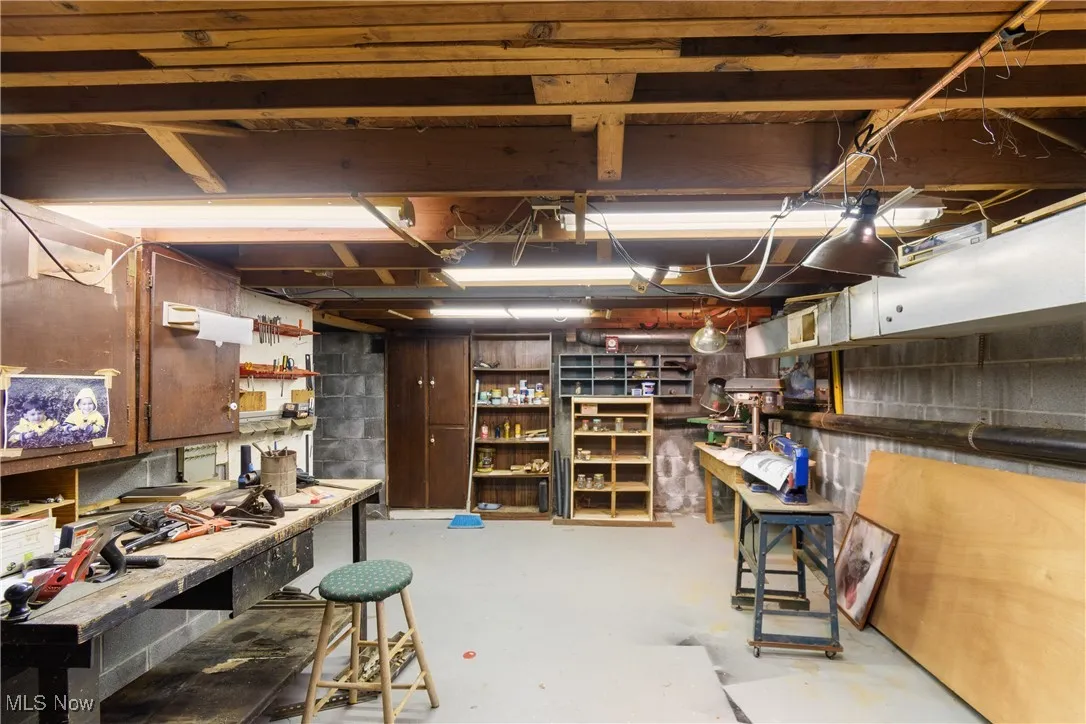 Unfinished basement with a workshop area