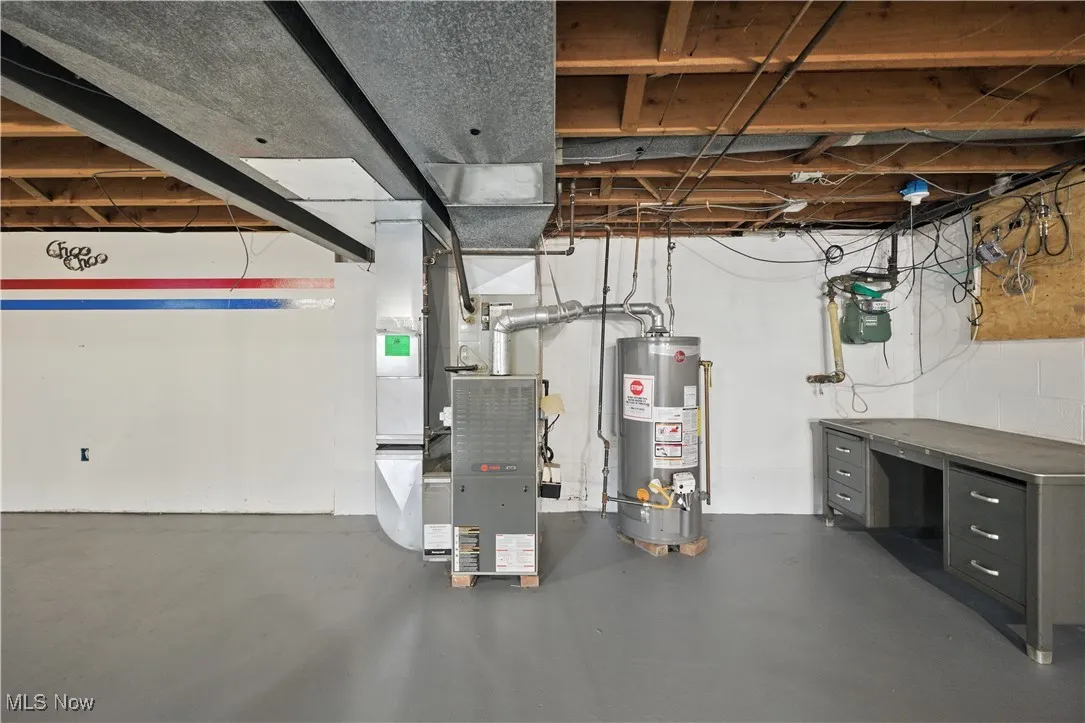 Unfinished below grade area with heating unit and water heater