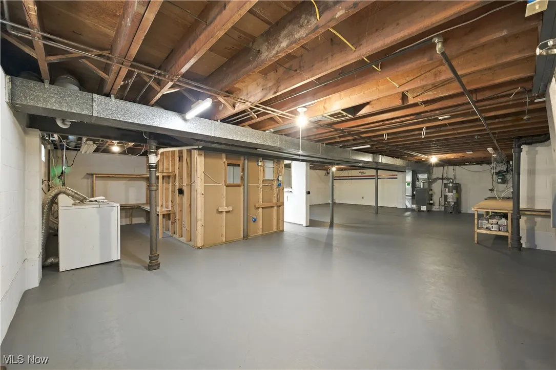 Unfinished below grade area with washer / clothes dryer, water heater, and heating unit
