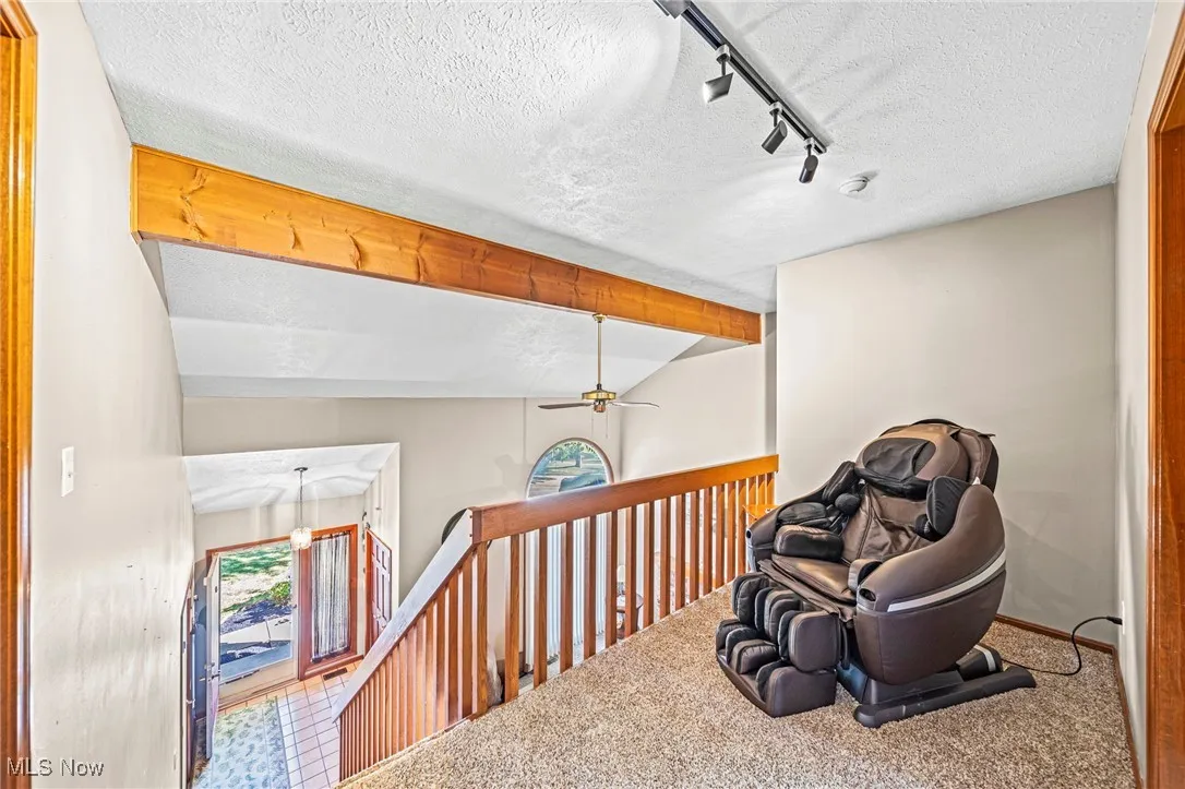 Living area with healthy amount of natural light, track lighting, carpet, a textured ceiling, and a ceiling fan