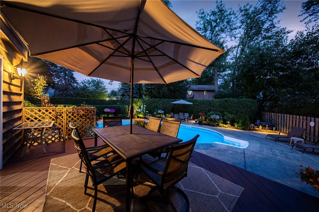 Pool at dusk featuring a deck, a fenced backyard, and outdoor dining space