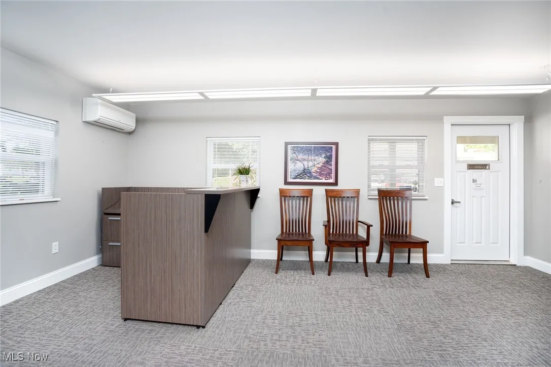 Sitting room with light carpet and a wall mounted AC
