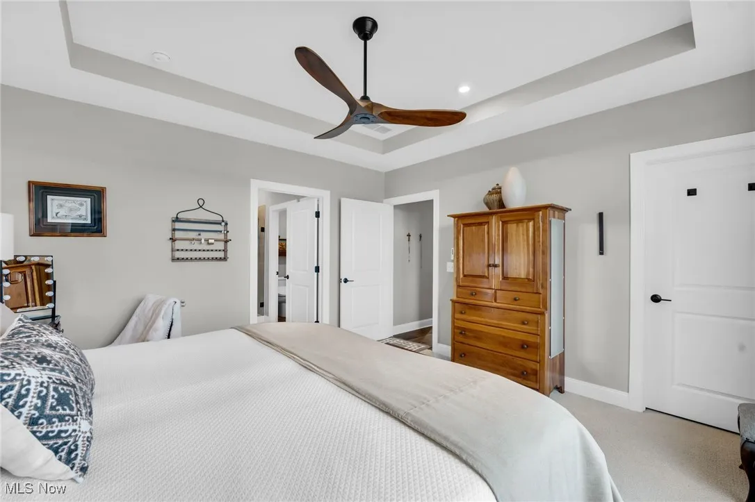 Bedroom with a raised ceiling, light carpet, and a ceiling fan