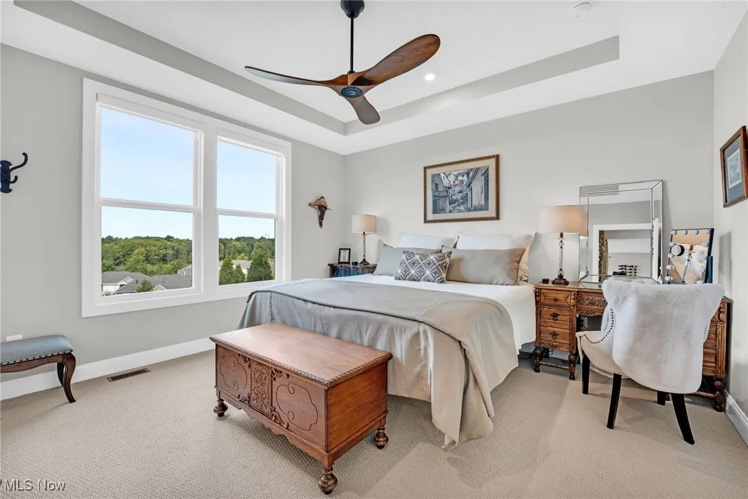 Carpeted bedroom with a tray ceiling, a ceiling fan, and recessed lighting