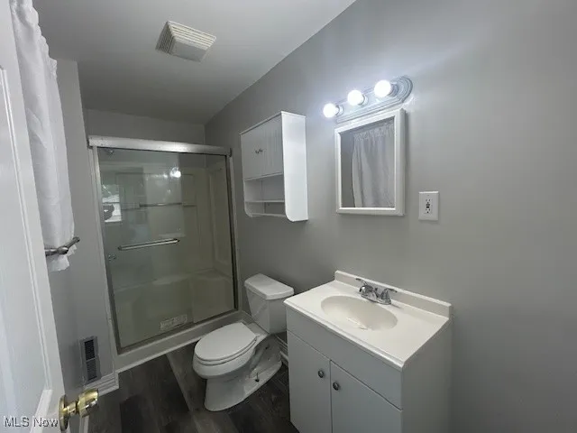 Full bath with vanity, a stall shower, and dark wood-type flooring