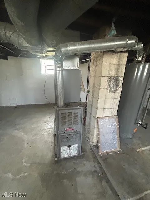 Utility room featuring water heater and heating unit