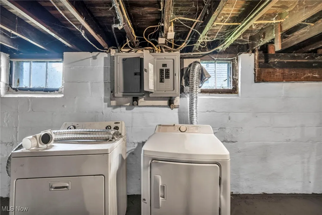 Laundry room with electric panel and washing machine and dryer