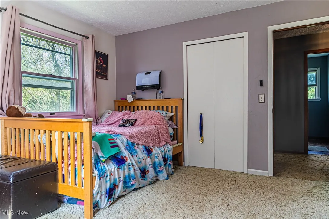 Bedroom with a textured ceiling, carpet flooring, and a closet