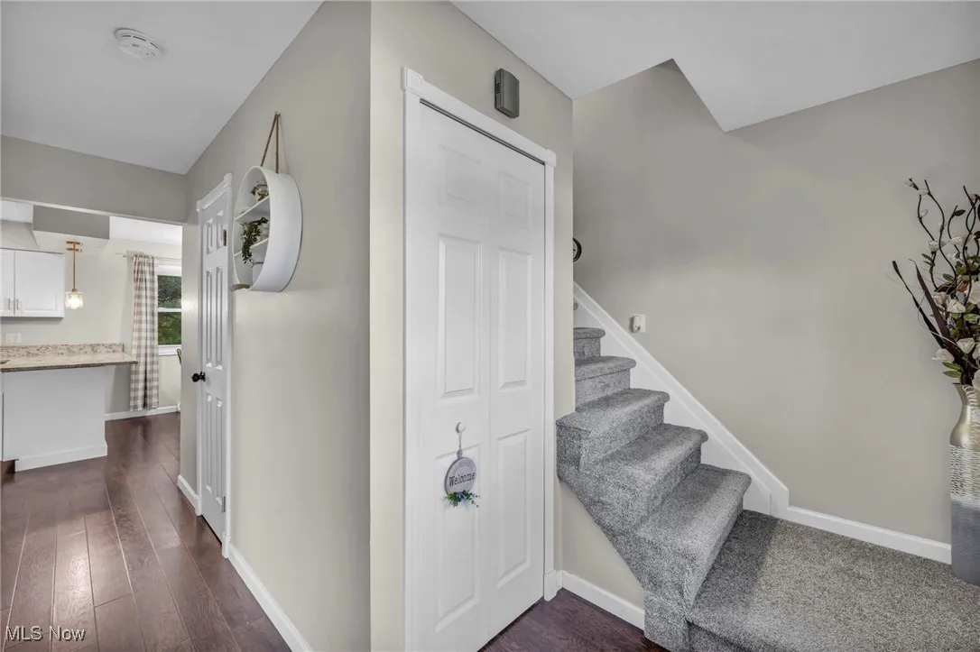 Staircase featuring hardwood / wood-style flooring