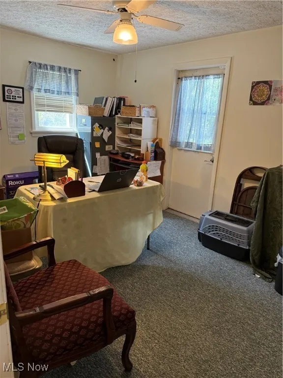 Carpeted office with a textured ceiling and a ceiling fan
