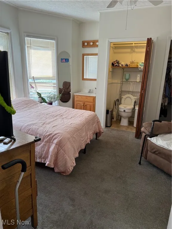 Bedroom with carpet floors, a textured ceiling, and ensuite bath