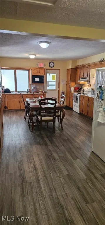 Dining space featuring a textured ceiling and dark wood-style flooring