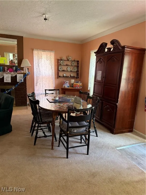 Dining area featuring light carpet, ornamental molding, and a textured ceiling