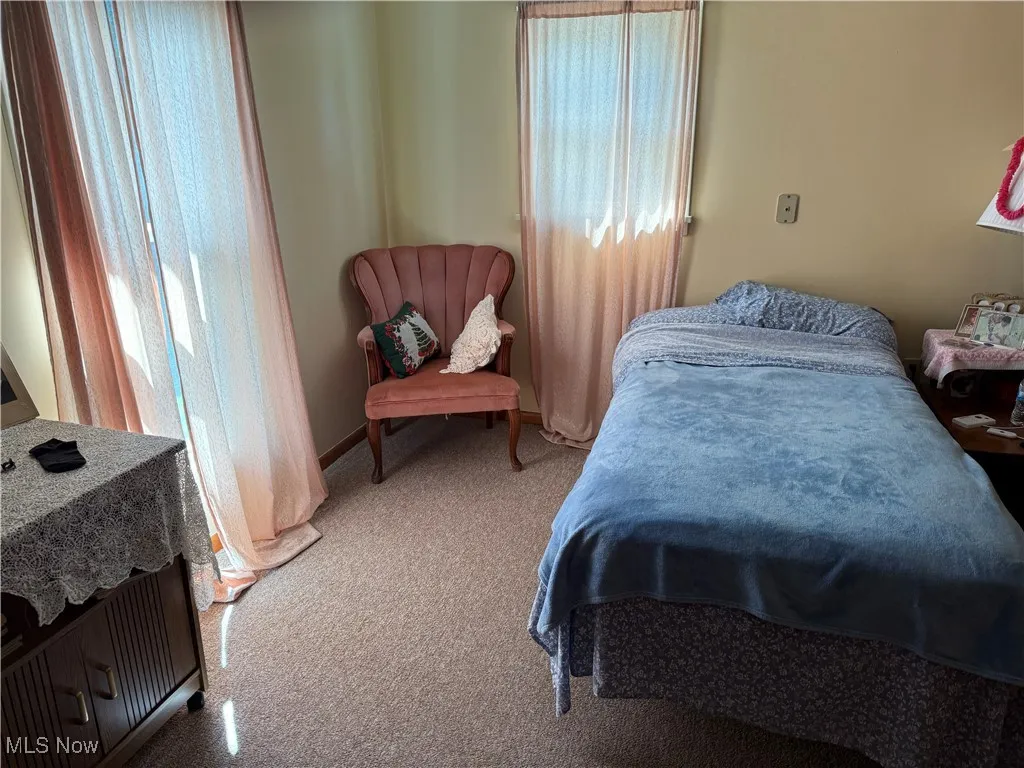 Bedroom featuring light carpet