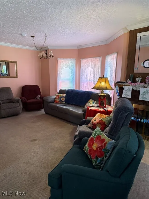Carpeted living area featuring crown molding, a textured ceiling, and a chandelier