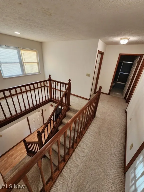 Stairs with a textured ceiling and carpet flooring