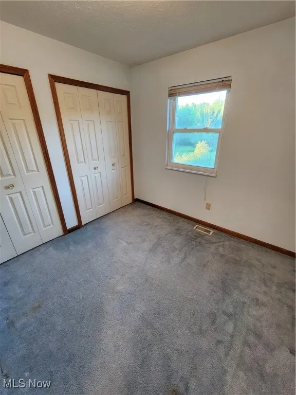 Bedroom with carpet, a textured ceiling, and multiple closets