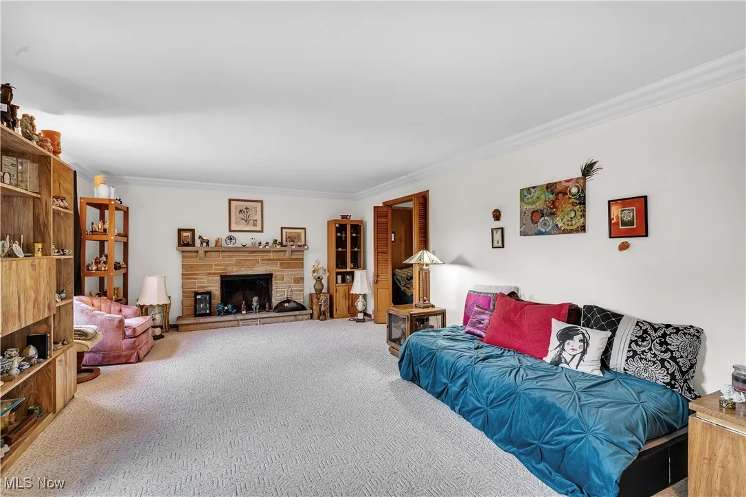 Carpeted living room featuring a stone fireplace and ornamental molding